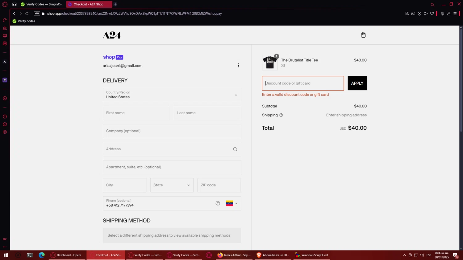 A24 Shop discount code screenshot showing code WELCOME20 applied at A24 Shop checkout page. Uploaded by SimplyCodes community member CuponEscobar on Jan 30, 2025