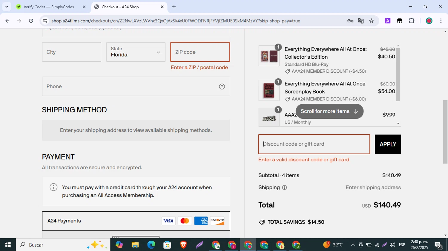 A24 Shop discount code screenshot showing code WELCOME20 applied at A24 Shop checkout page. Uploaded by SimplyCodes community member BrilliantLynx1642 on Feb 26, 2025
