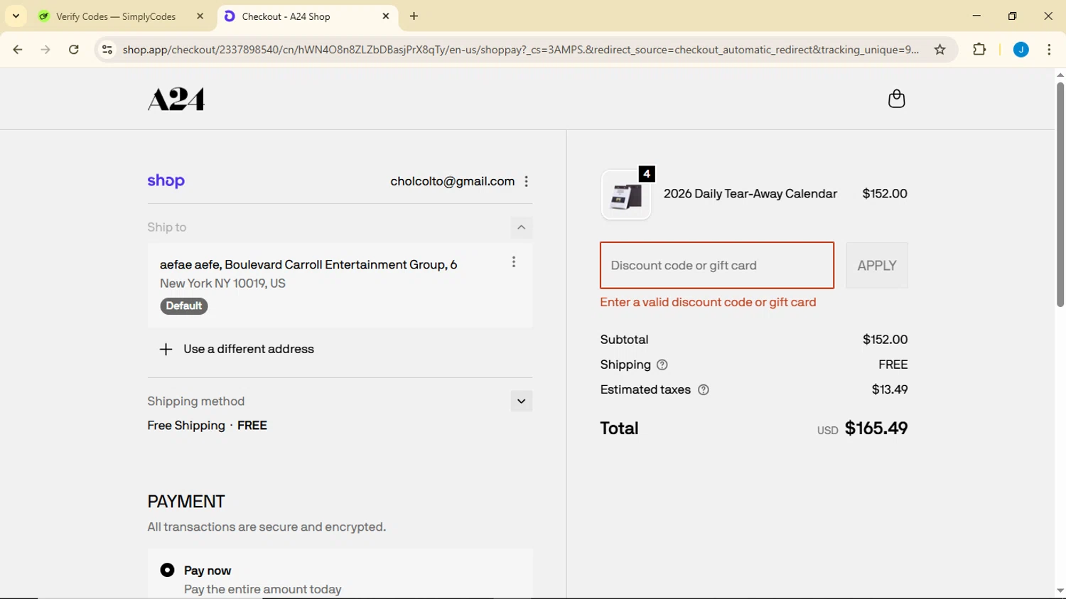 A24 Shop discount code screenshot showing code AAA24 applied at A24 Shop checkout page. Uploaded by SimplyCodes community member Luisitoxd12 on Oct 21, 2025