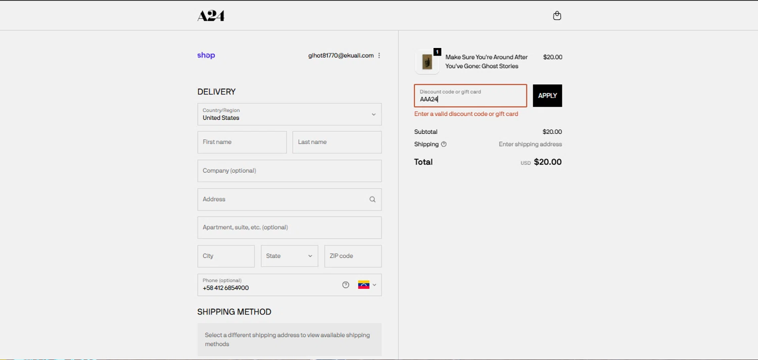 A24 Shop discount code screenshot showing code AAA24 applied at A24 Shop checkout page. Uploaded by SimplyCodes community member NobleOwl1768 on Oct 21, 2025