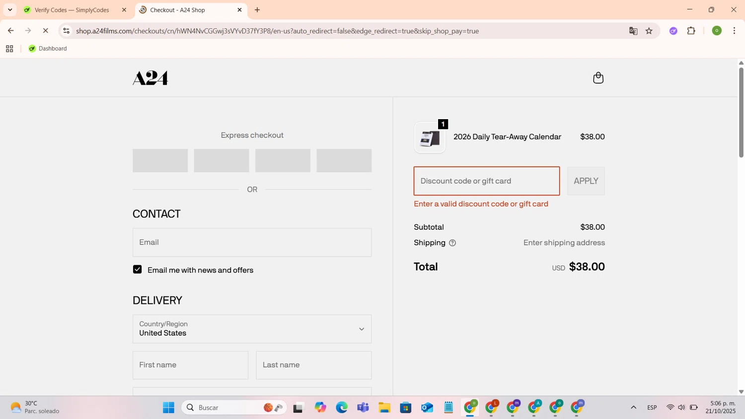 A24 Shop discount code screenshot showing code AAA24 applied at A24 Shop checkout page. Uploaded by SimplyCodes community member PromoGenius3622 on Oct 21, 2025