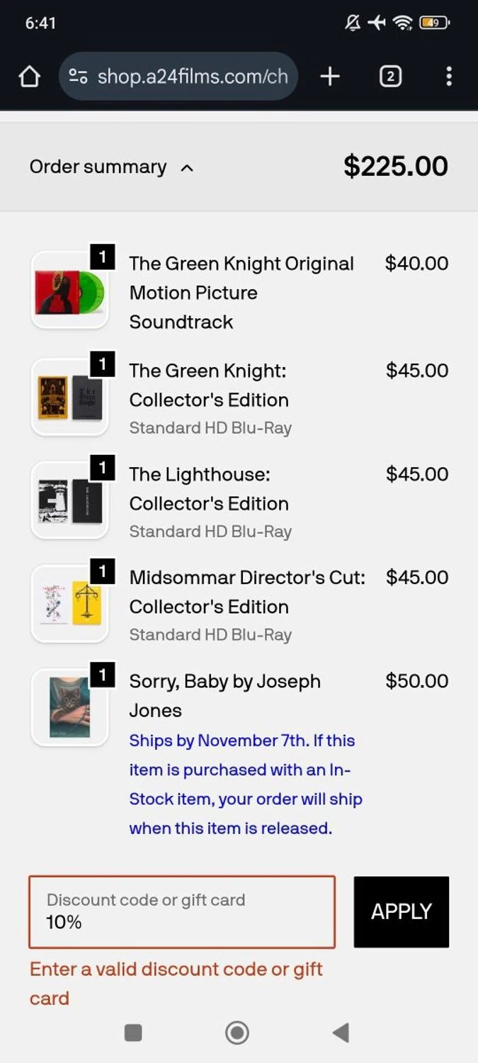 A24 Shop discount code screenshot showing code 10% applied at A24 Shop checkout page. Uploaded by SimplyCodes community member RoyalSpotter5217 on Oct 30, 2025