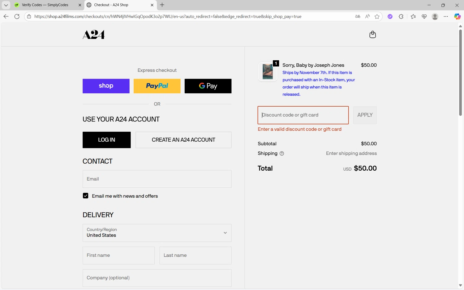 A24 Shop discount code screenshot showing code 10% applied at A24 Shop checkout page. Uploaded by SimplyCodes community member juanx1702 on Oct 30, 2025