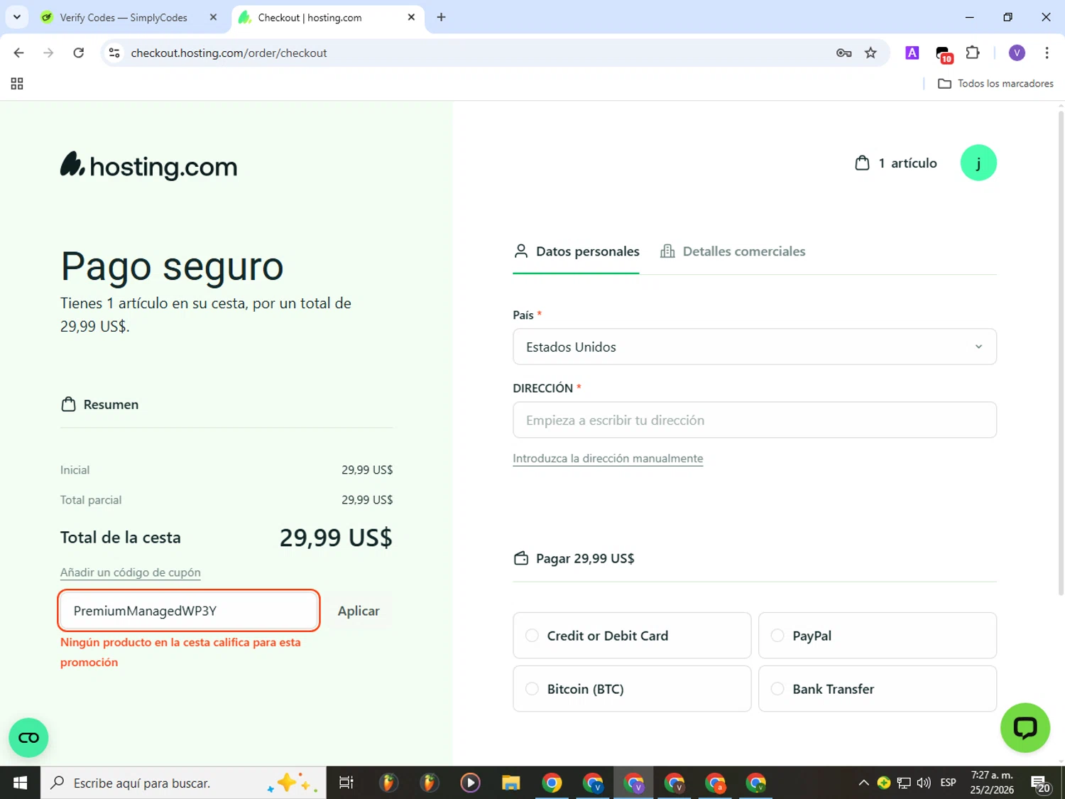 A2 Hosting promo code screenshot showing code PremiumManagedWP3Y applied at A2 Hosting checkout page. Uploaded by SimplyCodes community member Gianpiero on Feb 25, 2026