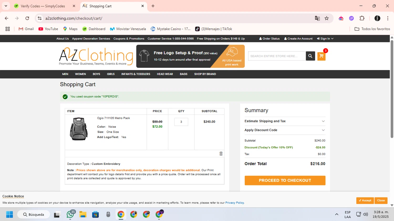 A2ZClothing promo code screenshot showing code 10PERDIS applied at A2ZClothing checkout page. Uploaded by SimplyCodes community member ChinoYugiXD on May 19, 2025
