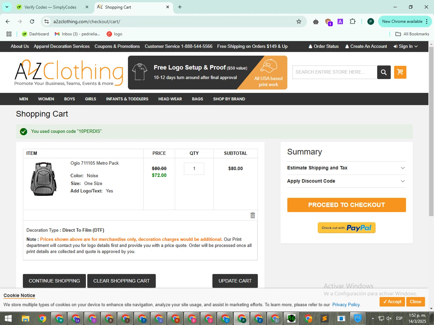 A2ZClothing promo code screenshot showing code 10PERDIS applied at A2ZClothing checkout page. Uploaded by SimplyCodes community member PrimeExpert4447 on Mar 14, 2025