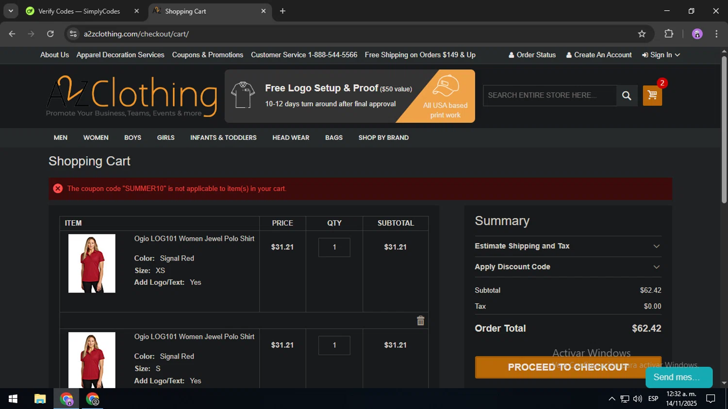 A2ZClothing checkout page showing A2ZClothing promo code box | Screenshot taken by SimplyCodes community member on Nov 14, 2025