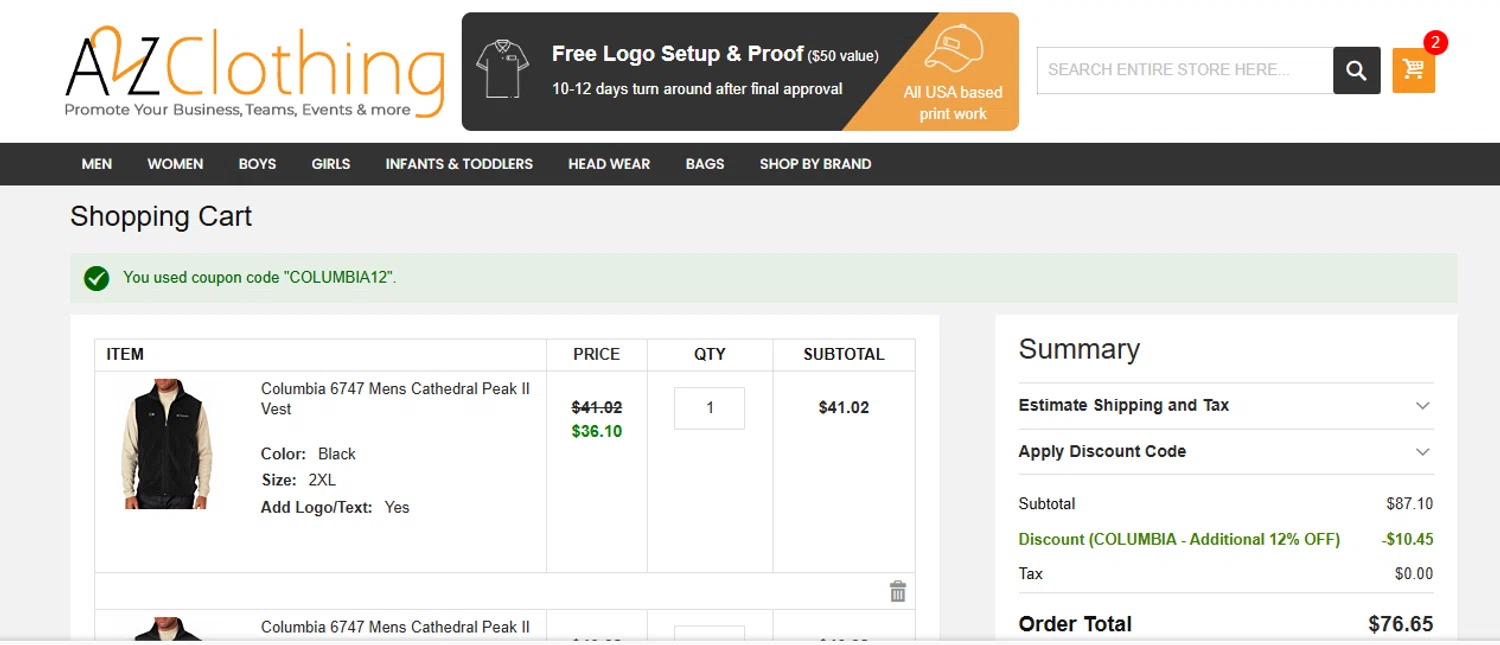 A2ZClothing checkout page showing A2ZClothing promo code box | Screenshot taken by SimplyCodes community member on Dec 30, 2025