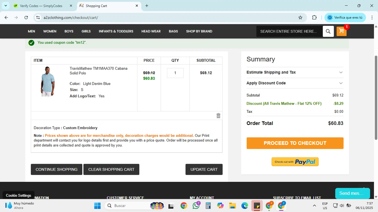 A2ZClothing promo code screenshot showing code tm12 applied at A2ZClothing checkout page. Uploaded by SimplyCodes community member FRANCYCASERES12 on Nov 6, 2025