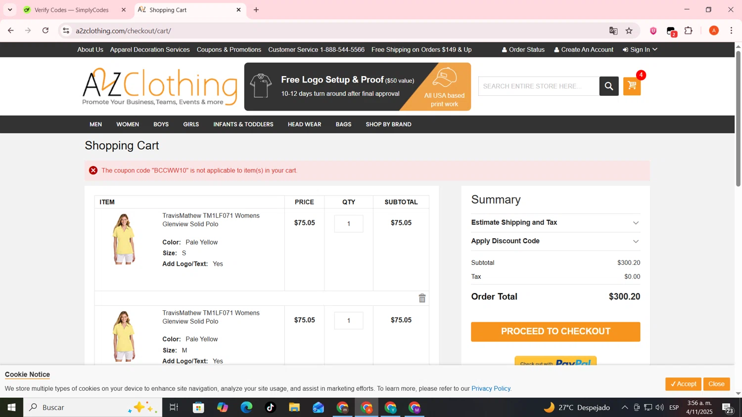 A2ZClothing promo code screenshot showing code BCCWW10 applied at A2ZClothing checkout page. Uploaded by SimplyCodes community member FrugalSentinel6206 on Nov 4, 2025