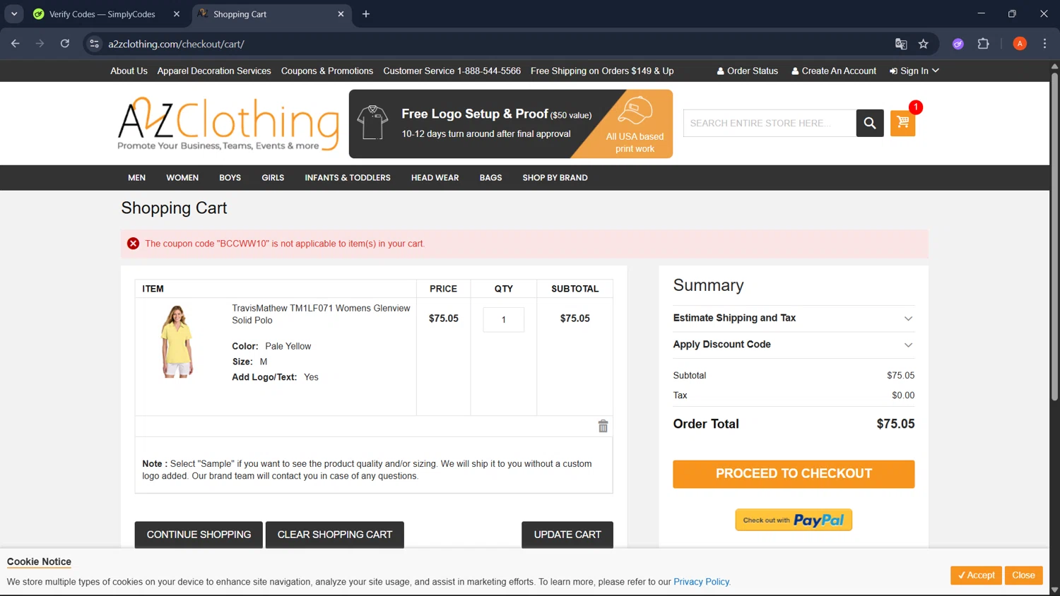 A2ZClothing promo code screenshot showing code BCCWW10 applied at A2ZClothing checkout page. Uploaded by SimplyCodes community member GoldChaser2970 on Nov 4, 2025