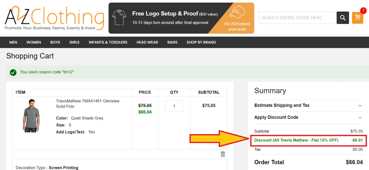 A2ZClothing promo code screenshot showing code tm12 applied at A2ZClothing checkout page. Uploaded by SimplyCodes community member kattylar on Oct 8, 2025