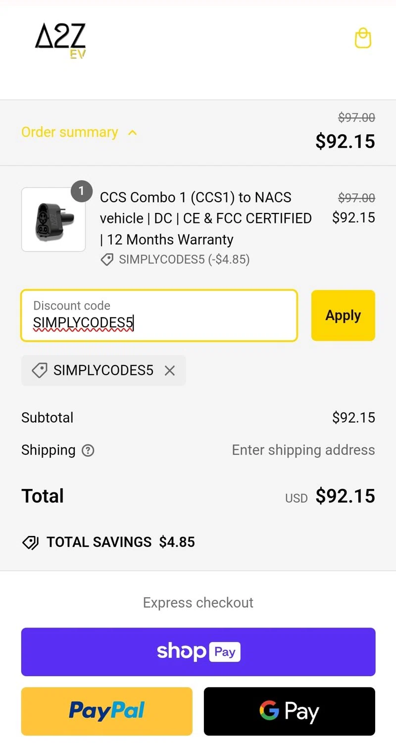 A2Z EV discount code screenshot showing code SIMPLYCODES5 applied at A2Z EV checkout page. Uploaded by SimplyCodes community member JuanMonge on Feb 3, 2025