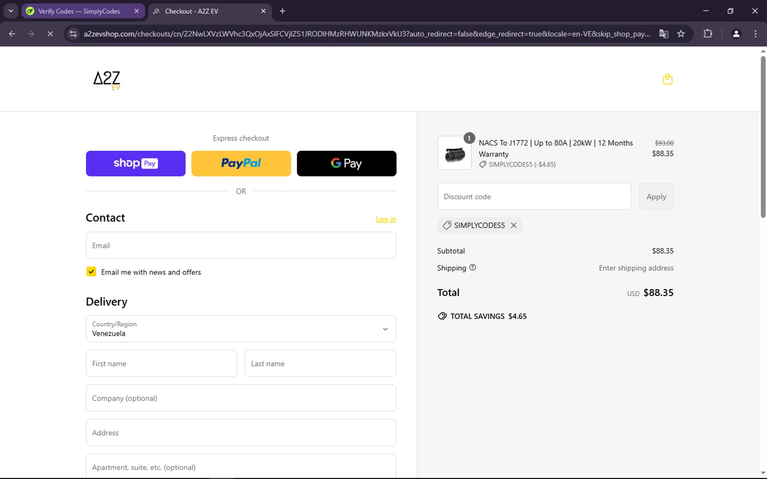 A2Z EV discount code screenshot showing code SIMPLYCODES5 applied at A2Z EV checkout page. Uploaded by SimplyCodes community member Hanamichi on Mar 27, 2025
