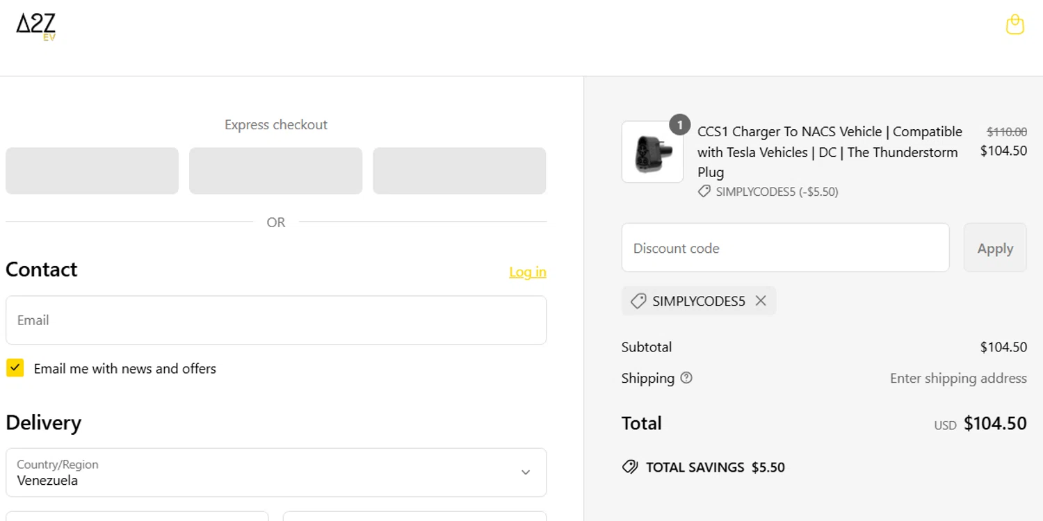 A2Z EV discount code screenshot showing code SIMPLYCODES5 applied at A2Z EV checkout page. Uploaded by SimplyCodes community member CouponFox1822 on Apr 25, 2025