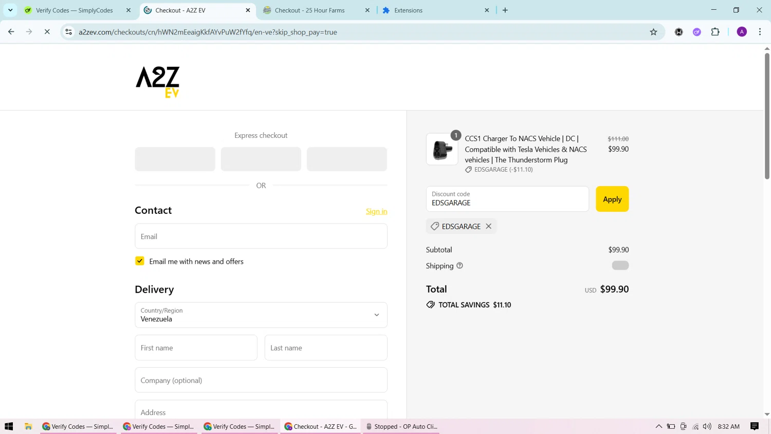 A2Z EV discount code screenshot showing code EDSGARAGE applied at A2Z EV checkout page. Uploaded by SimplyCodes community member CashChaser7272 on Sep 9, 2025