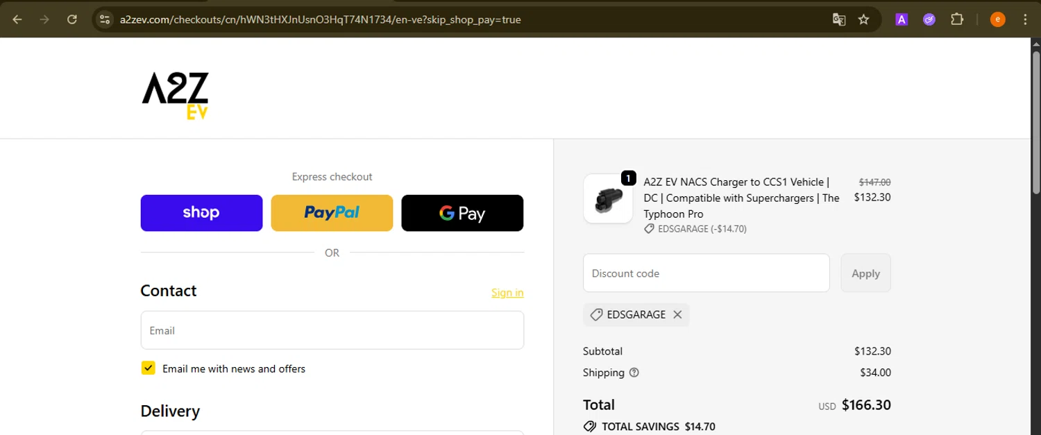 A2Z EV discount code screenshot showing code EDSGARAGE applied at A2Z EV checkout page. Uploaded by SimplyCodes community member NobleElite1598 on Oct 8, 2025