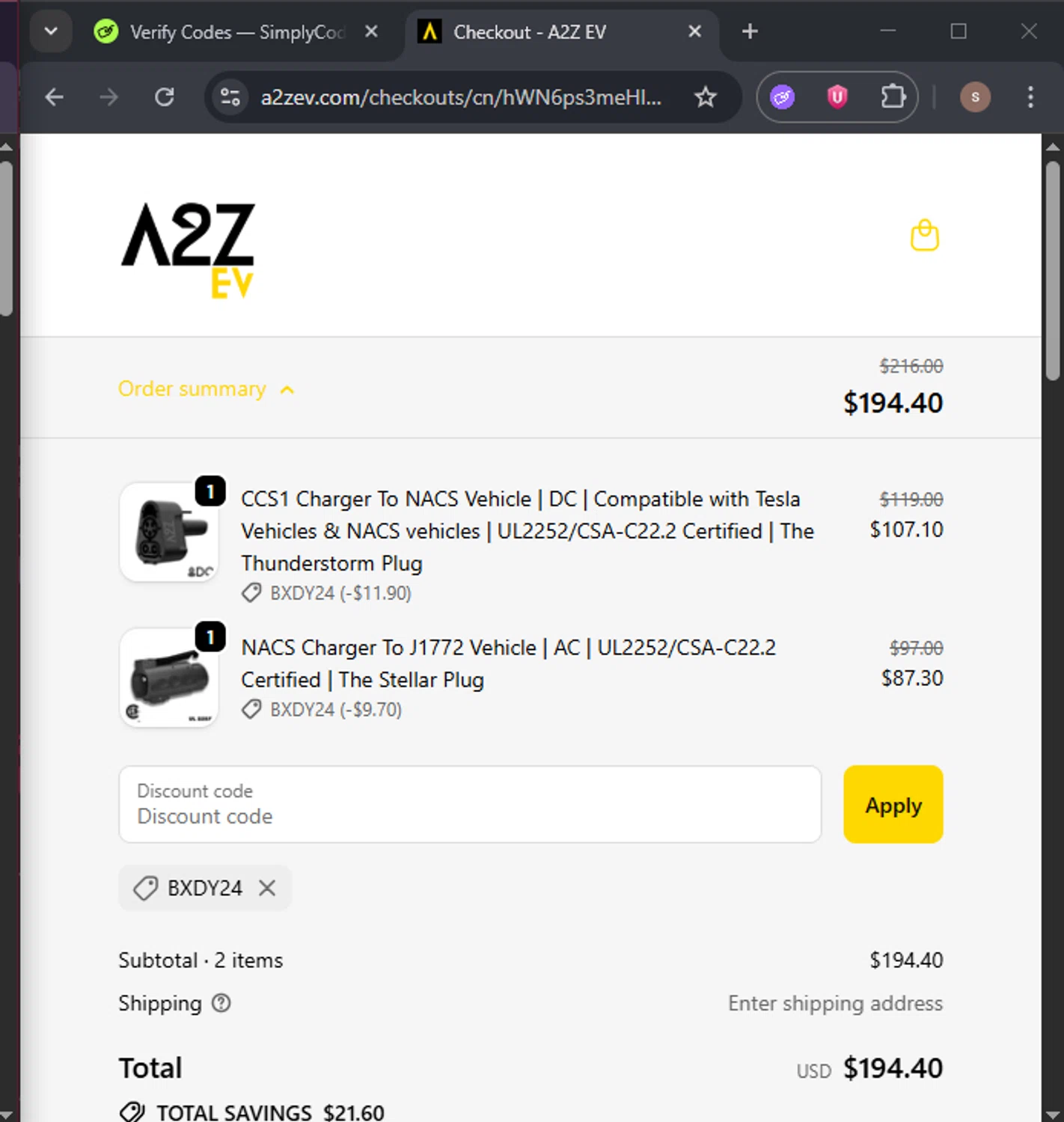 A2Z EV discount code screenshot showing code BXDY24 applied at A2Z EV checkout page. Uploaded by SimplyCodes community member 61664350 on Dec 25, 2025