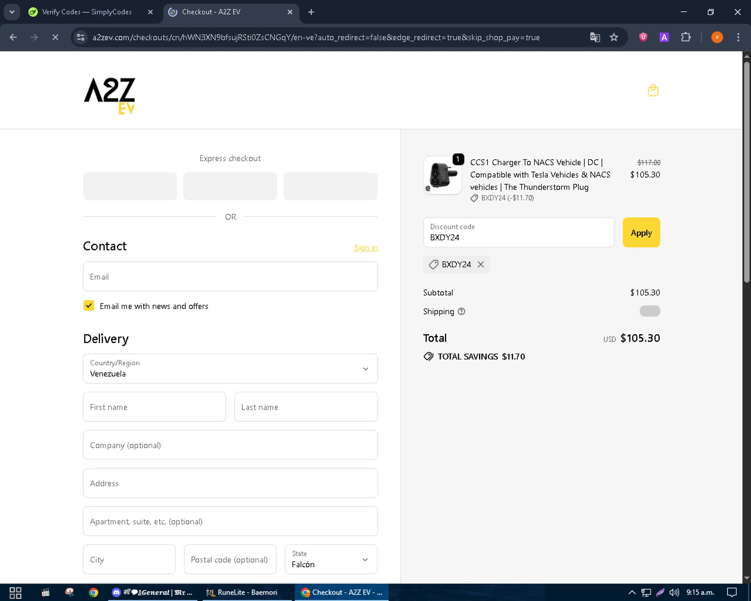 A2Z EV discount code screenshot showing code BXDY24 applied at A2Z EV checkout page. Uploaded by SimplyCodes community member bulbasaur69 on Sep 29, 2025