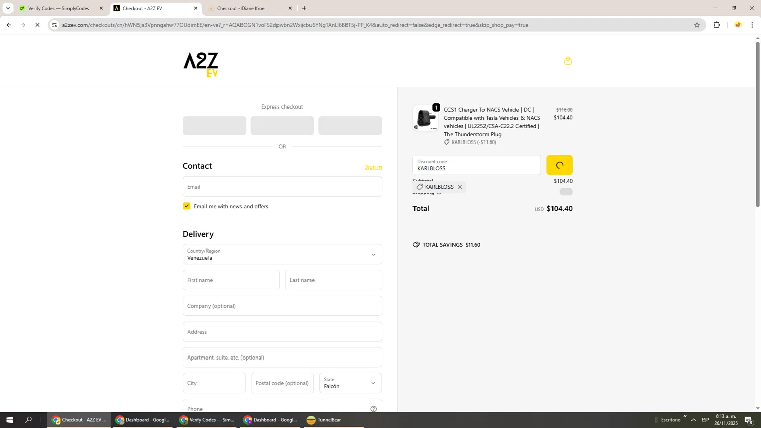 A2Z EV discount code screenshot showing code KARLBLOSS applied at A2Z EV checkout page. Uploaded by SimplyCodes community member Richard251 on Nov 26, 2025