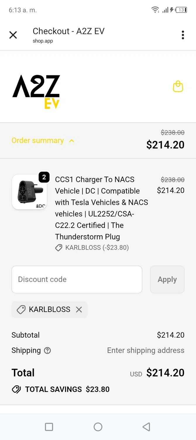 A2Z EV discount code screenshot showing code KARLBLOSS applied at A2Z EV checkout page. Uploaded by SimplyCodes community member tumiedo on Dec 25, 2025