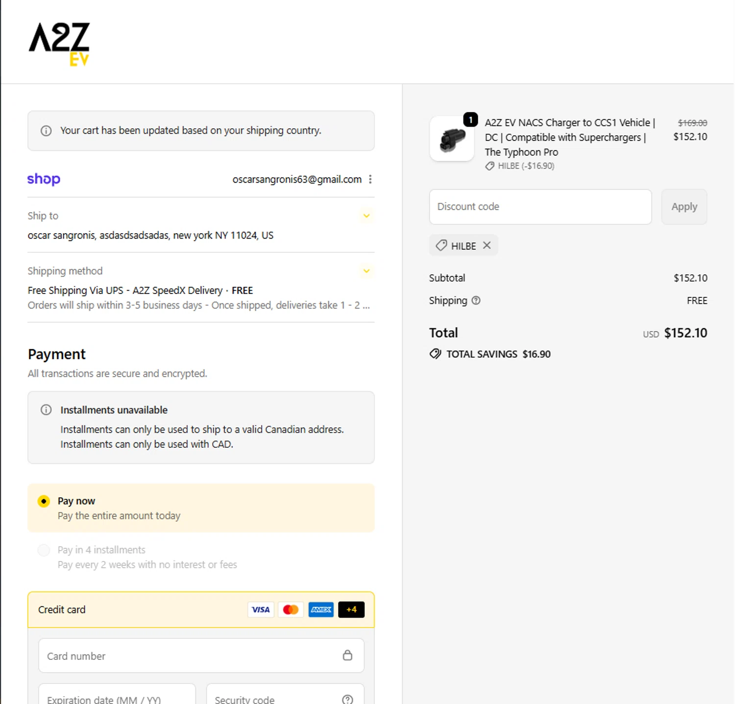 A2Z EV discount code screenshot showing code HILBE applied at A2Z EV checkout page. Uploaded by SimplyCodes community member La_Cara_Mia on Sep 29, 2025