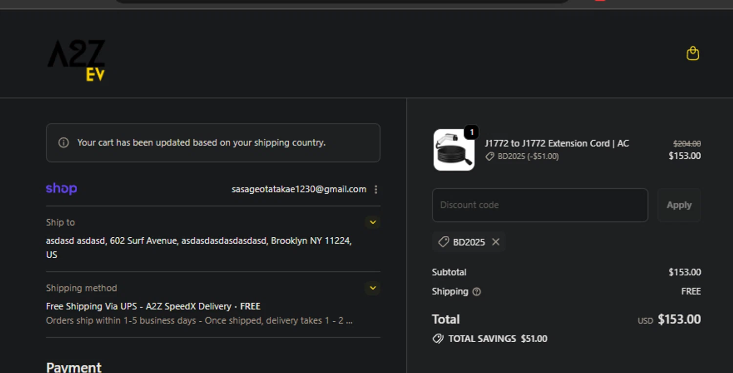 A2Z EV checkout page showing A2Z EV discount code box | Screenshot taken by SimplyCodes community member on Jan 24, 2026