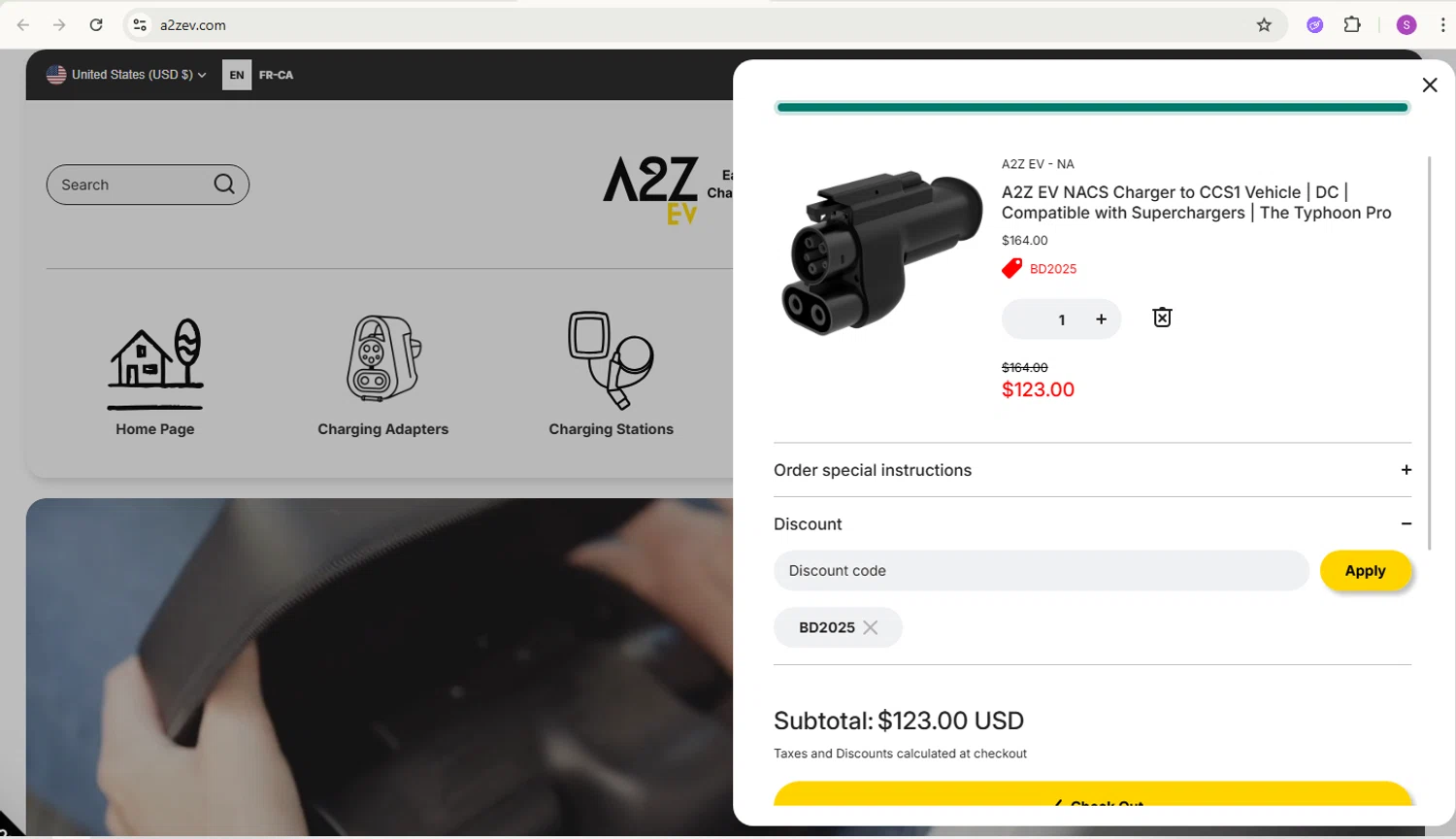 A2Z EV checkout page showing A2Z EV discount code box | Screenshot taken by SimplyCodes community member on Jan 24, 2026
