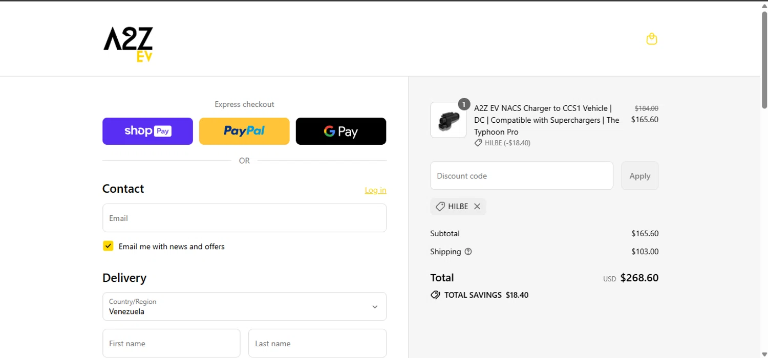 A2Z EV discount code screenshot showing code HILBE applied at A2Z EV checkout page. Uploaded by SimplyCodes community member anosesmith on Jul 4, 2025