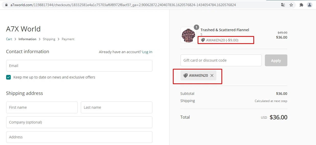 A7X World checkout page showing A7X World discount code box | Screenshot taken by SimplyCodes community member on May 9, 2021