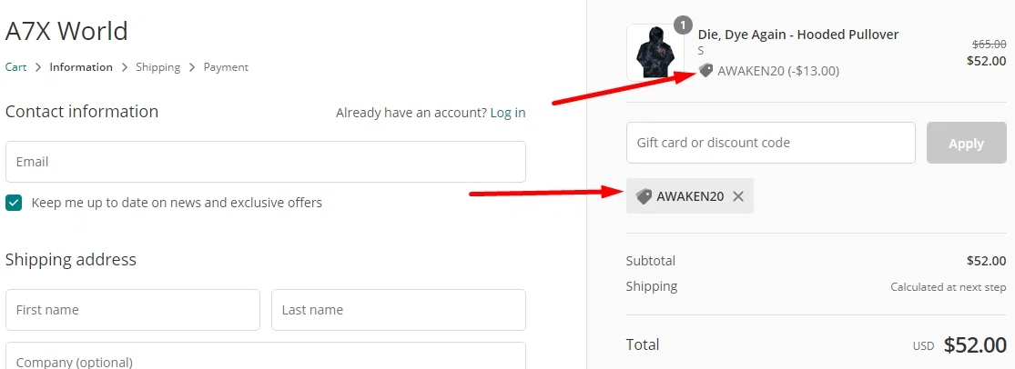 A7X World checkout page showing A7X World discount code box | Screenshot taken by SimplyCodes community member on Apr 9, 2021