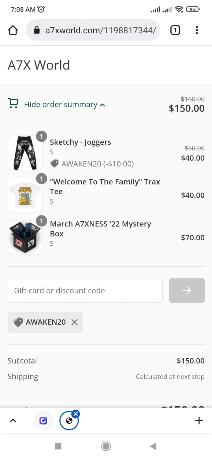 A7X World checkout page showing A7X World discount code box | Screenshot taken by SimplyCodes community member on Apr 7, 2022