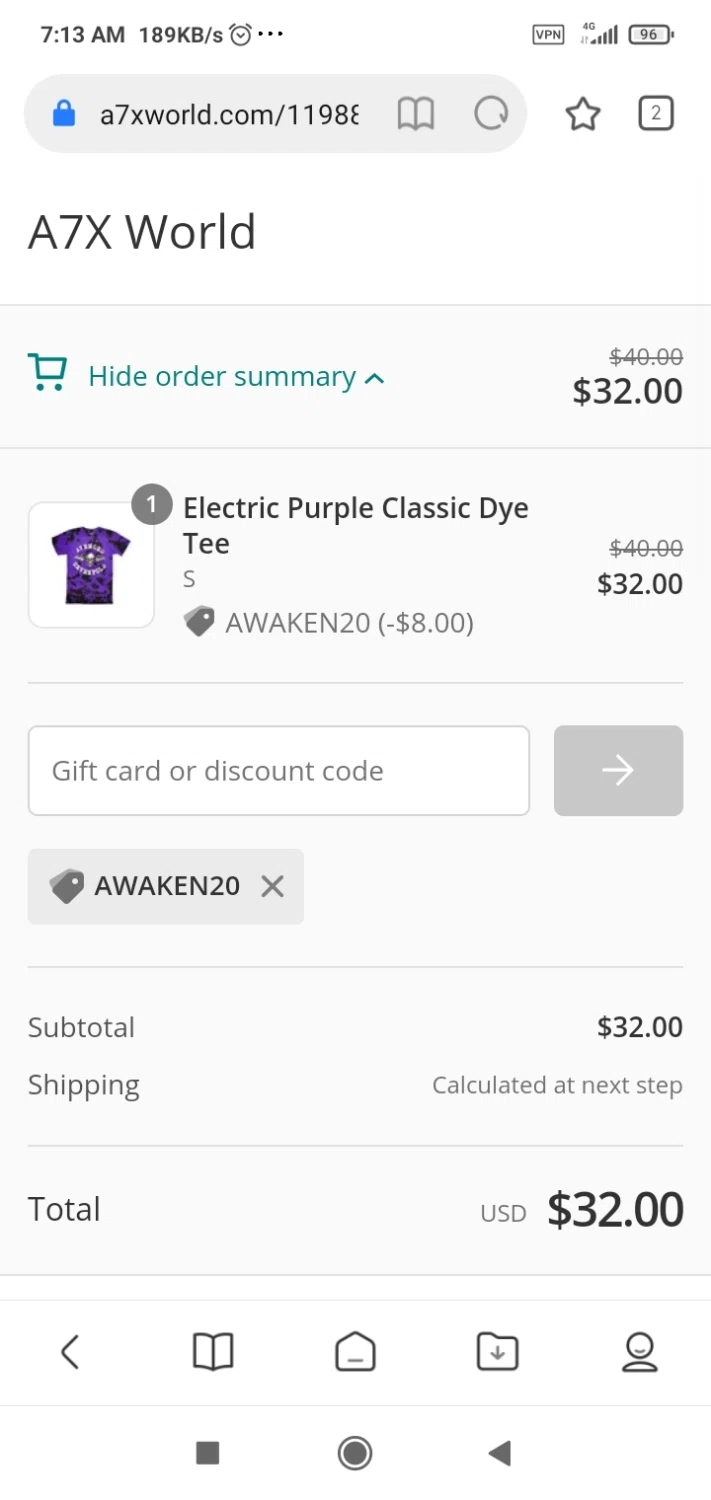 A7X World checkout page showing A7X World discount code box | Screenshot taken by SimplyCodes community member on Jan 7, 2021
