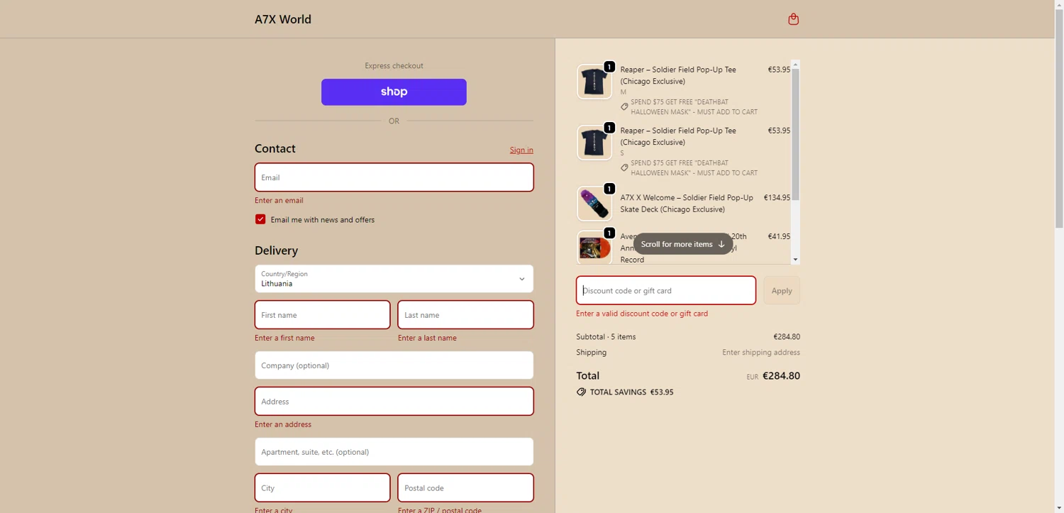 A7X World discount code screenshot showing code A7X10 applied at A7X World checkout page. Uploaded by SimplyCodes community member CrownWhiz8114 on Oct 12, 2025