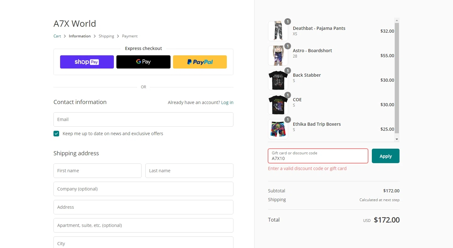 A7X World checkout page showing A7X World discount code box | Screenshot taken by SimplyCodes community member on Oct 17, 2020