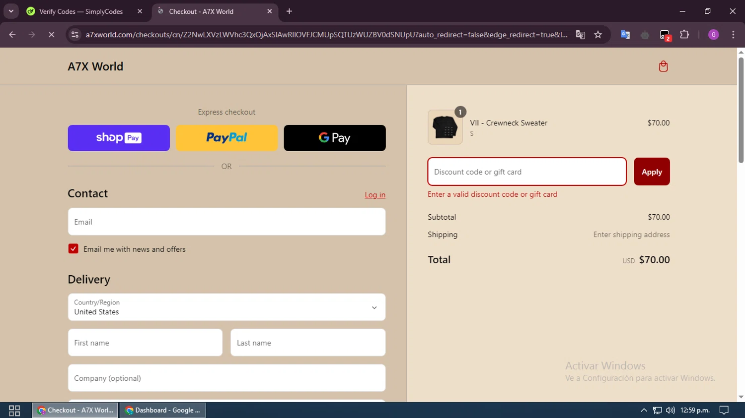 A7X World discount code screenshot showing code BOOM applied at A7X World checkout page. Uploaded by SimplyCodes community member RewardHero5435 on Mar 10, 2025