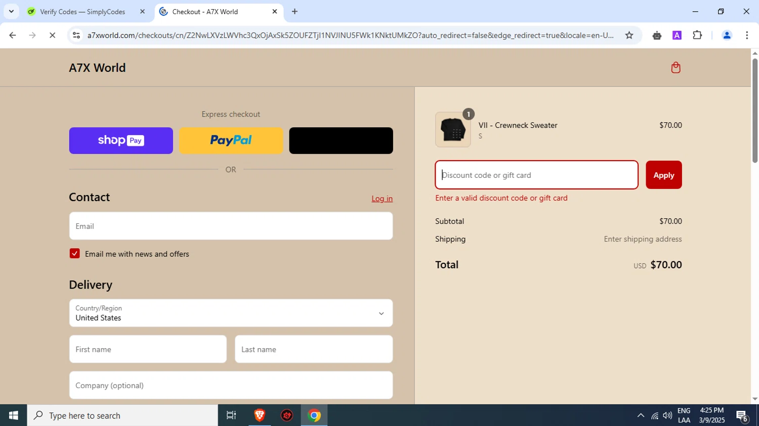 A7X World discount code screenshot showing code BAT applied at A7X World checkout page. Uploaded by SimplyCodes community member EstefanyMarrufo on Mar 9, 2025