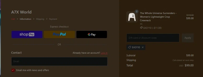 A7X World checkout page showing A7X World discount code box | Screenshot taken by SimplyCodes community member on Jun 27, 2023
