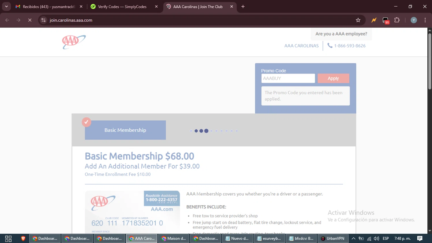 AAA promo code screenshot showing code AAABUY applied at AAA checkout page. Uploaded by SimplyCodes community member MoneyTiger5162 on Aug 18, 2025