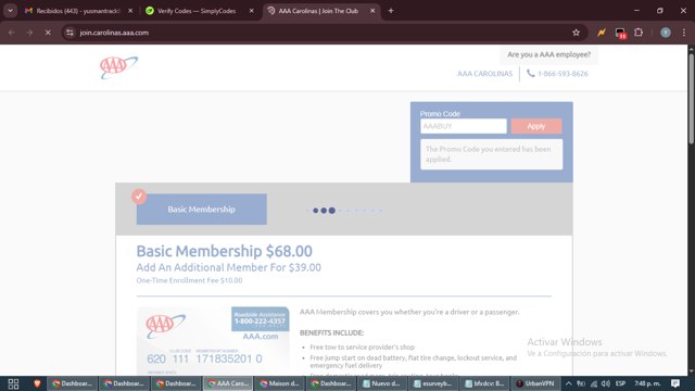 AAA checkout page showing AAA promo code box | Screenshot taken by SimplyCodes community member on Aug 18, 2025