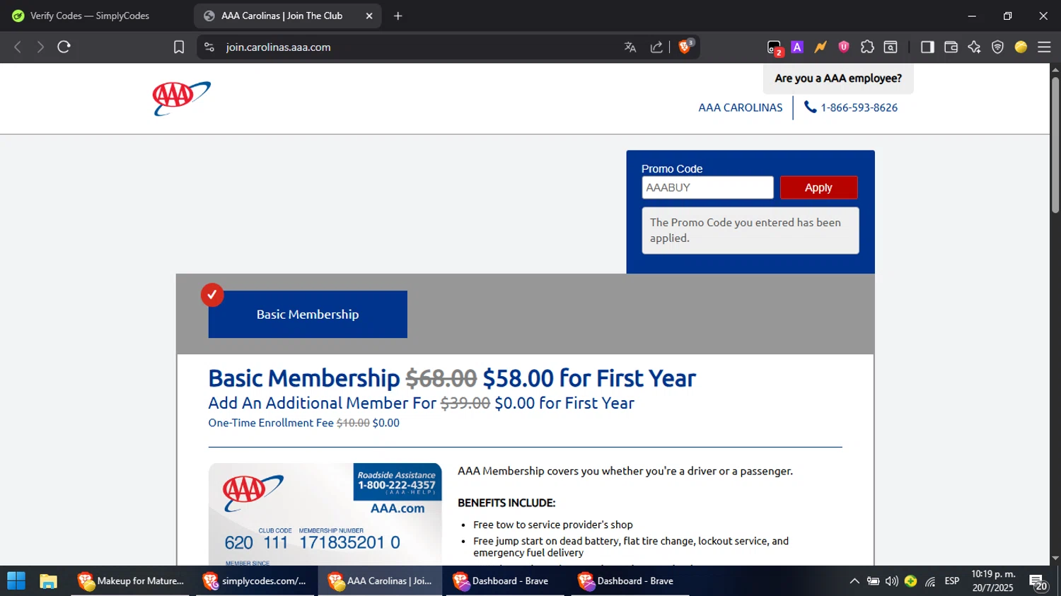 AAA promo code screenshot showing code AAABUY applied at AAA checkout page. Uploaded by SimplyCodes community member PromoScout8746 on Jul 21, 2025