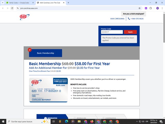 AAA checkout page showing AAA promo code box | Screenshot taken by SimplyCodes community member on Aug 27, 2025