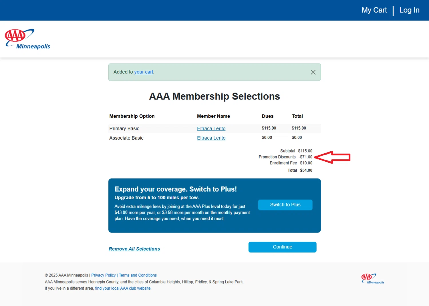 AAA promo code screenshot showing code AAASAVE applied at AAA checkout page. Uploaded by SimplyCodes community member CarmenAyuth on Aug 15, 2025