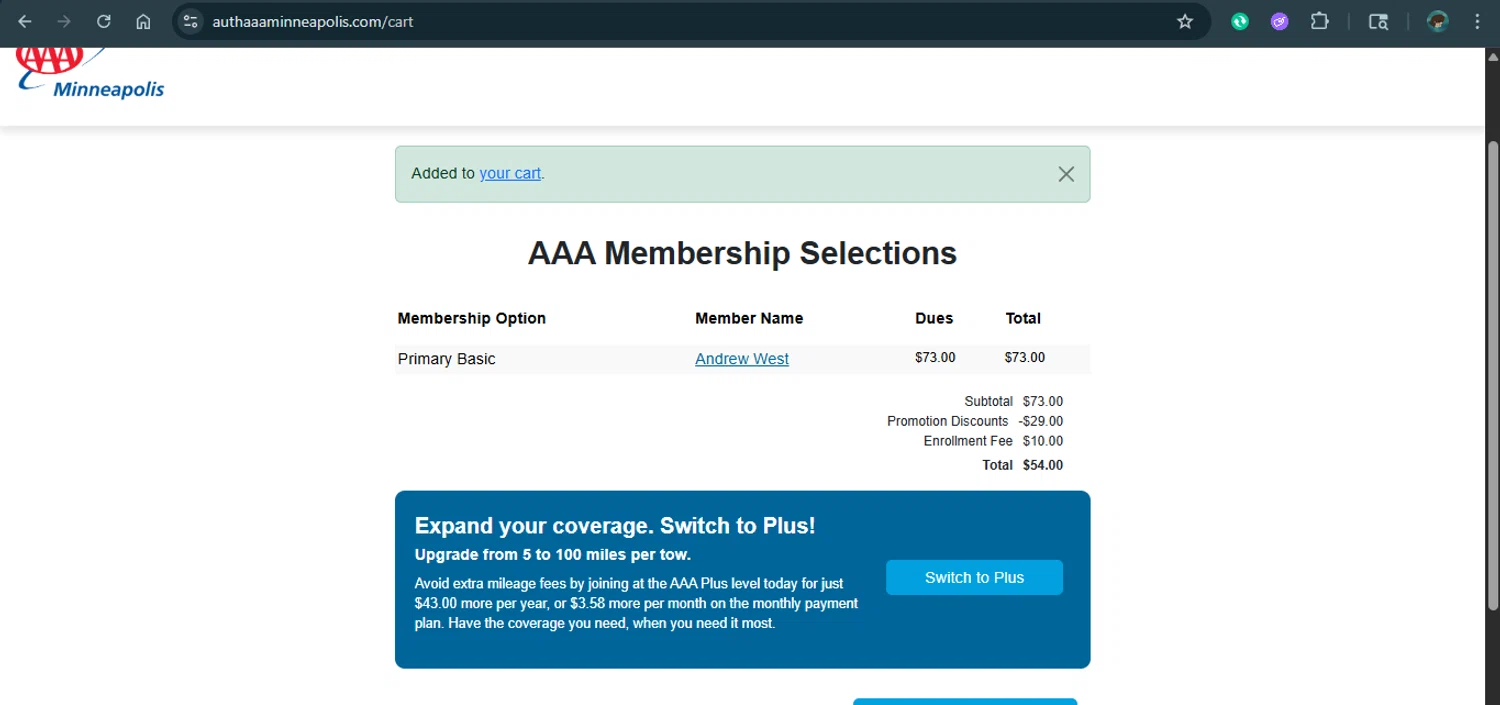 AAA promo code screenshot showing code AAASAVE applied at AAA checkout page. Uploaded by SimplyCodes community member xAngel on Aug 9, 2025