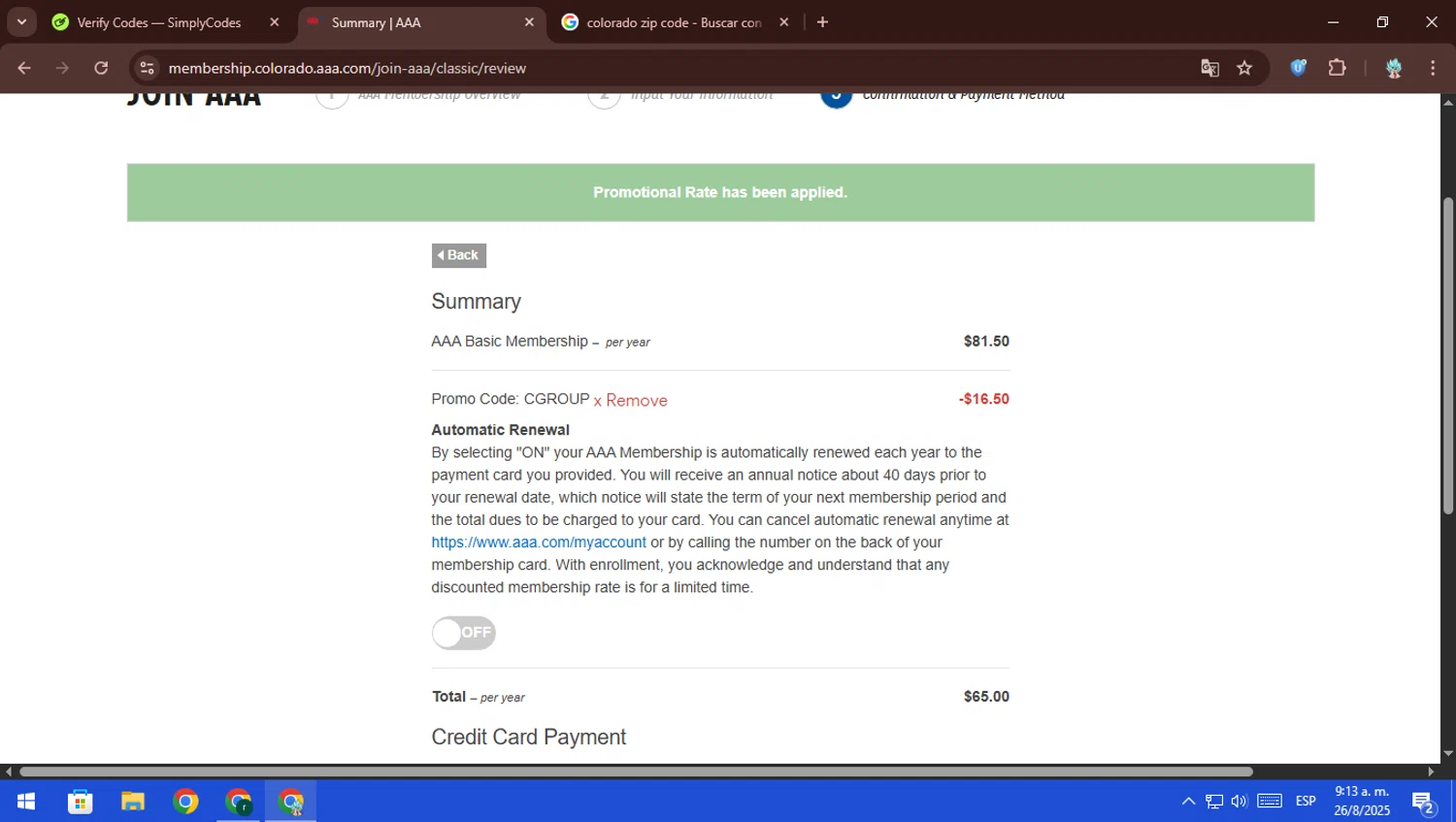 AAA promo code screenshot showing code CGROUP applied at AAA checkout page. Uploaded by SimplyCodes community member ScanFalcon6148 on Aug 26, 2025