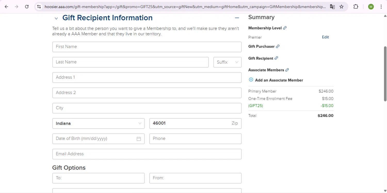 AAA promo code screenshot showing code GIFT25 applied at AAA checkout page. Uploaded by SimplyCodes community member SaleSentinel7319 on Jul 17, 2025