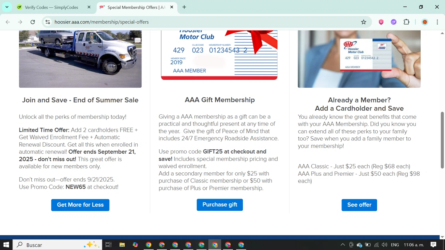 AAA promo code screenshot showing code NEW65 applied at AAA checkout page. Uploaded by SimplyCodes community member ABUSAMADRES_ on Aug 20, 2025