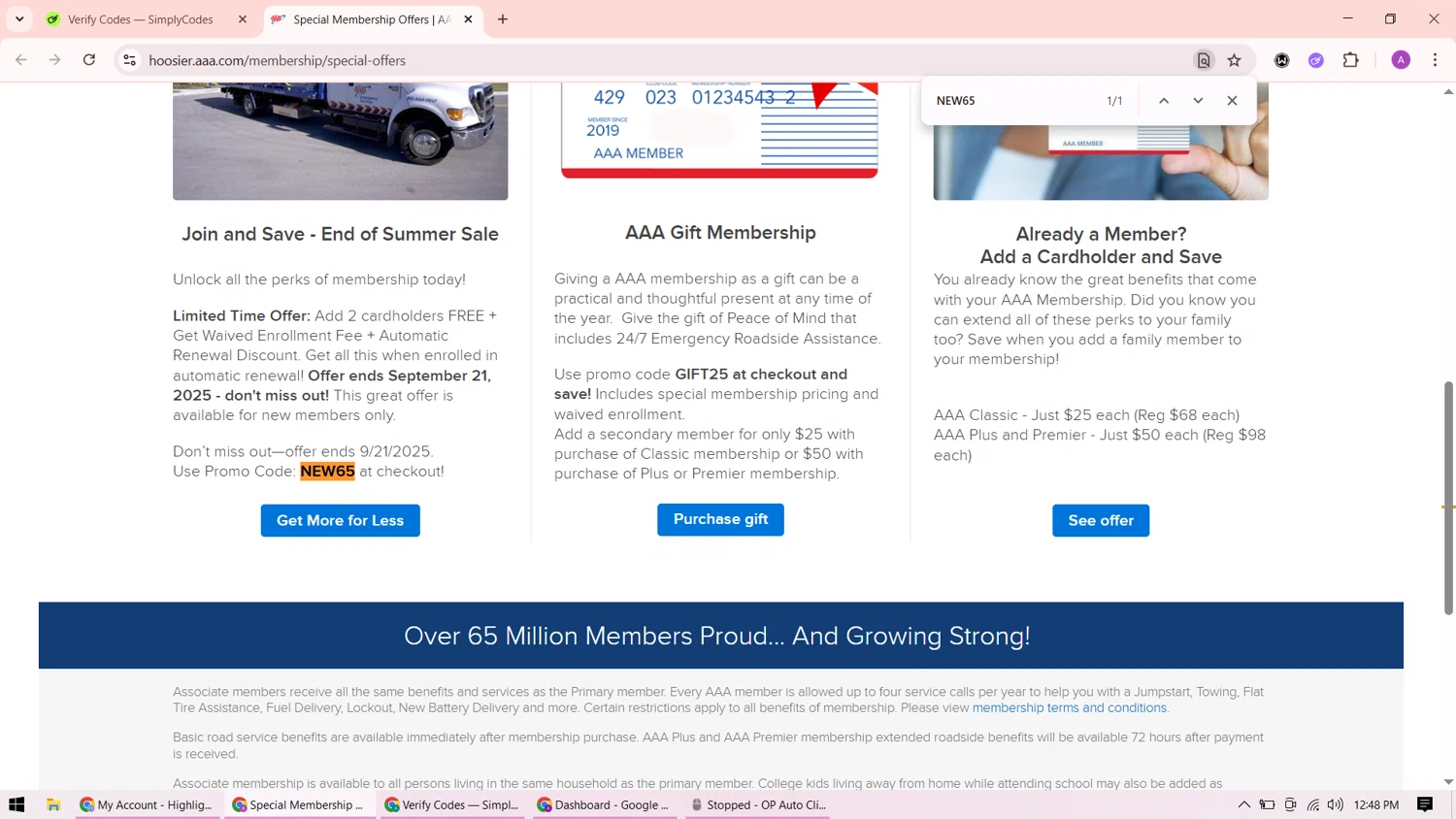 AAA promo code screenshot showing code NEW65 applied at AAA checkout page. Uploaded by SimplyCodes community member ShrewdMaverick9198 on Aug 7, 2025