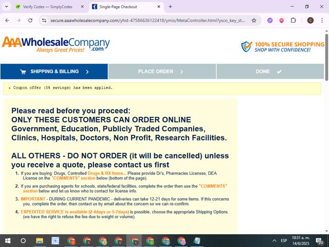 AAA Wholesale Company checkout page showing AAA Wholesale Company promo code box | Screenshot taken by SimplyCodes community member on Jun 14, 2025