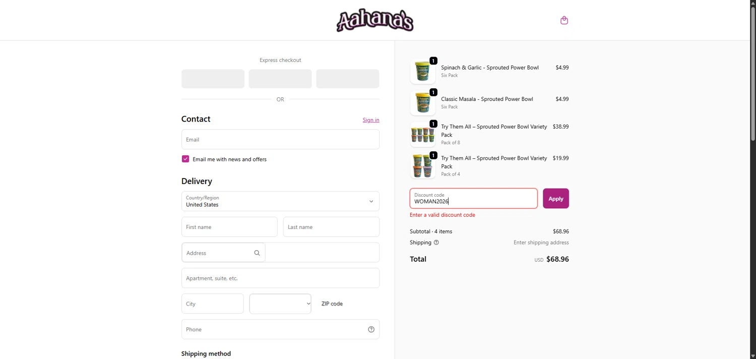 Aahanas Naturals promo code screenshot showing code WOMAN2026 applied at Aahanas Naturals checkout page. Uploaded by SimplyCodes community member CodeFinder699 on Apr 3, 2026